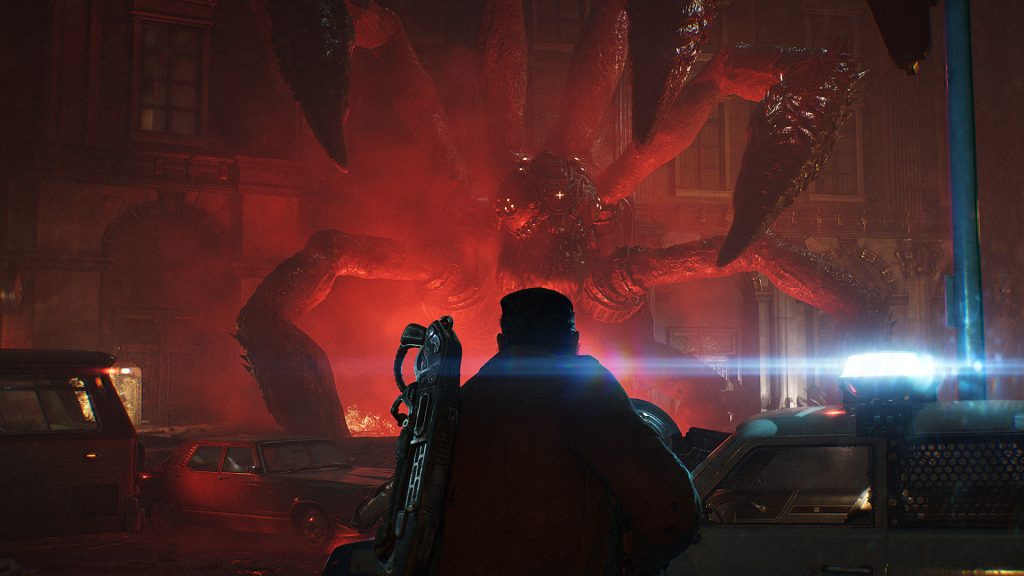 Боєць перед велетенською істотою Сарани на вулиці Калони в Gears of War E-Day