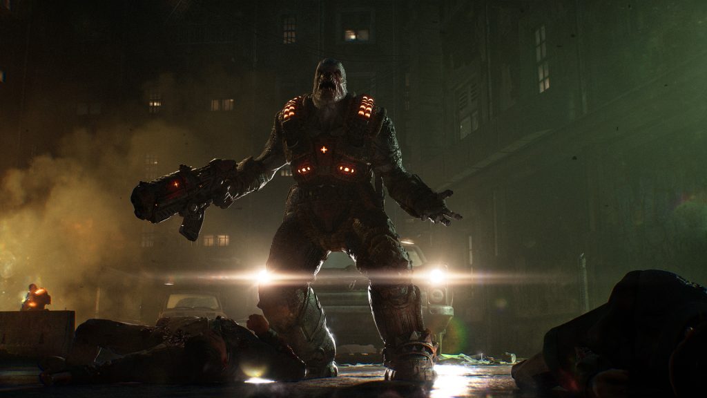 Озброєний дрон Сарани серед диму на нічній вулиці у Gears of War E-Day