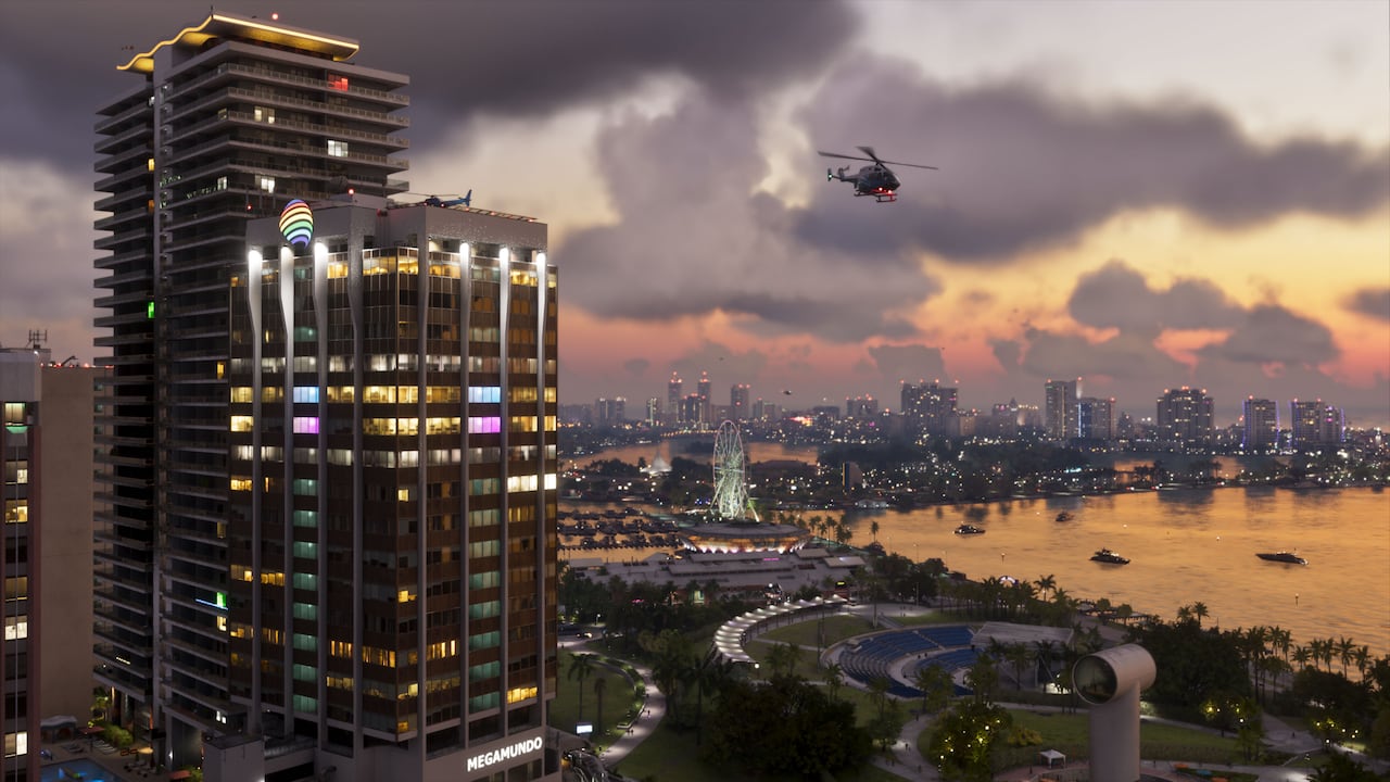 Хмарочоси, гелікоптер і набережна Vice City на заході сонця у GTA VI