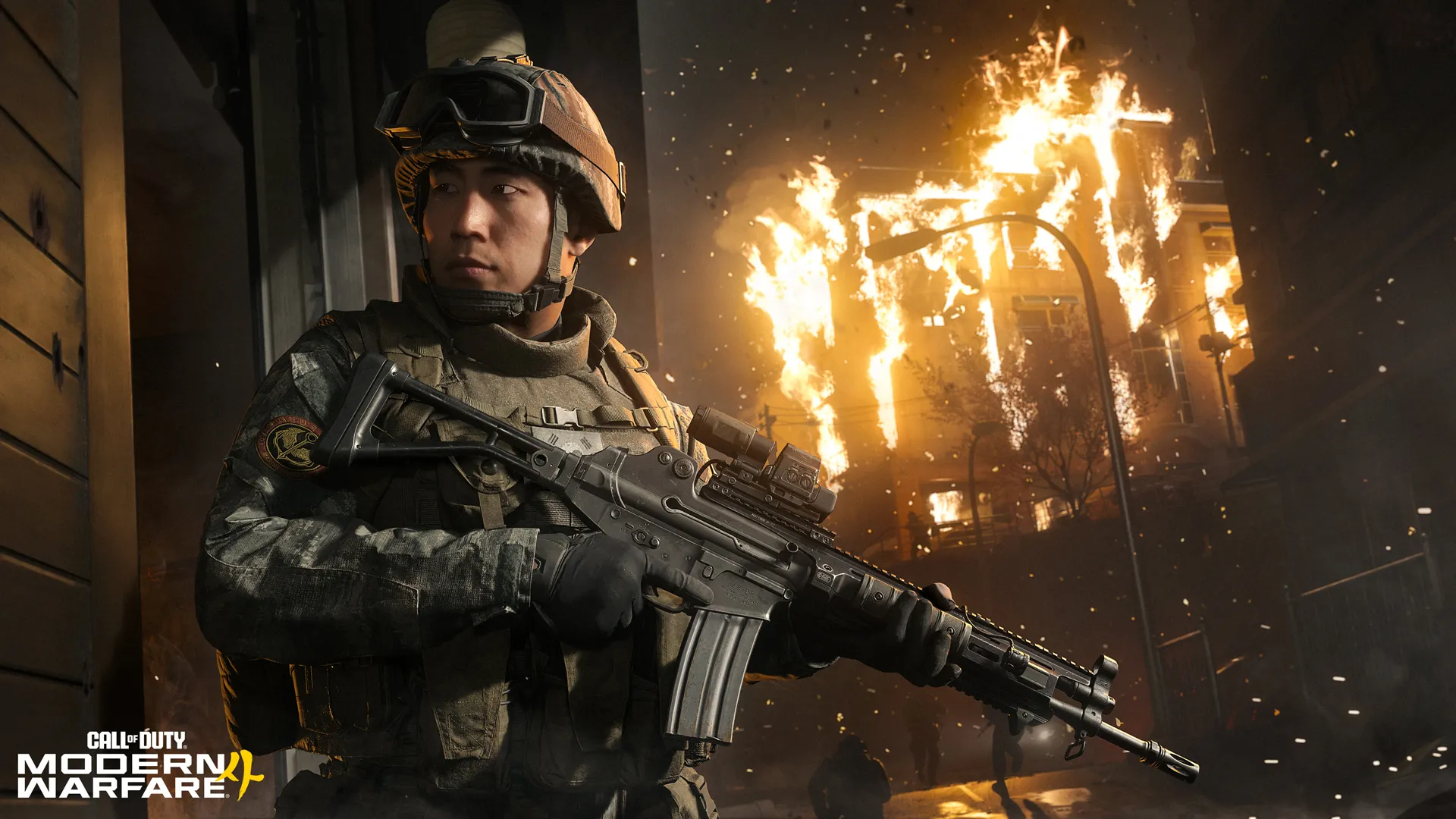 Modern Warfare IV — южнокорейский солдат на фоне горящего города