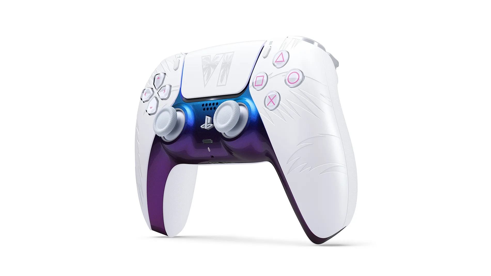 DualSense GTA VI White — вигляд під кутом, рельєфні пальми та кольорові акценти