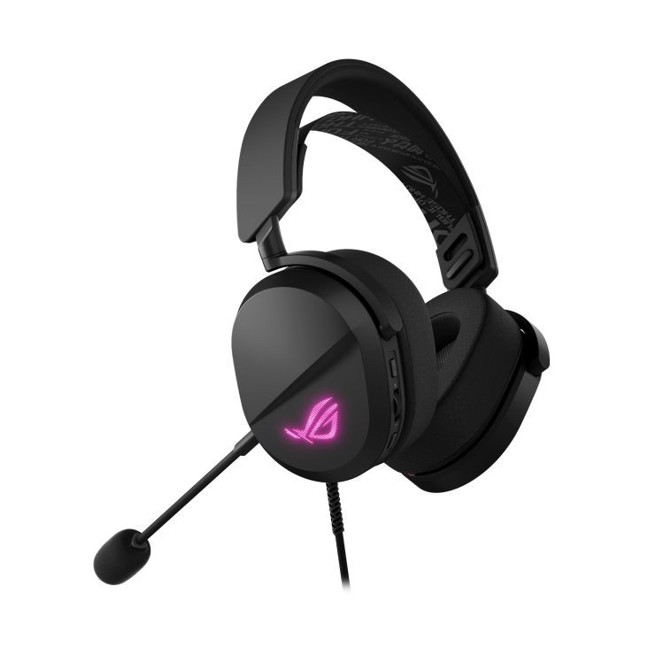 Чорна гарнітура ASUS ROG Pelta Core в ракурсі три чверті з мікрофоном на штанзі.