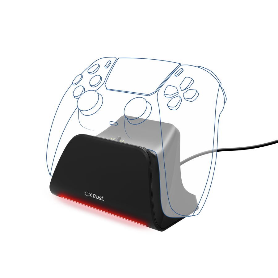 Чорна зарядна станція Trust GXT 255 із контуром контролера DualSense над нею.