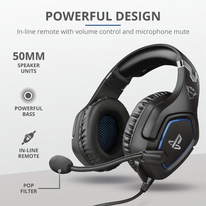 Інфографіка Trust GXT 488 Forze-G з підписами динаміків, пульта та мікрофона.