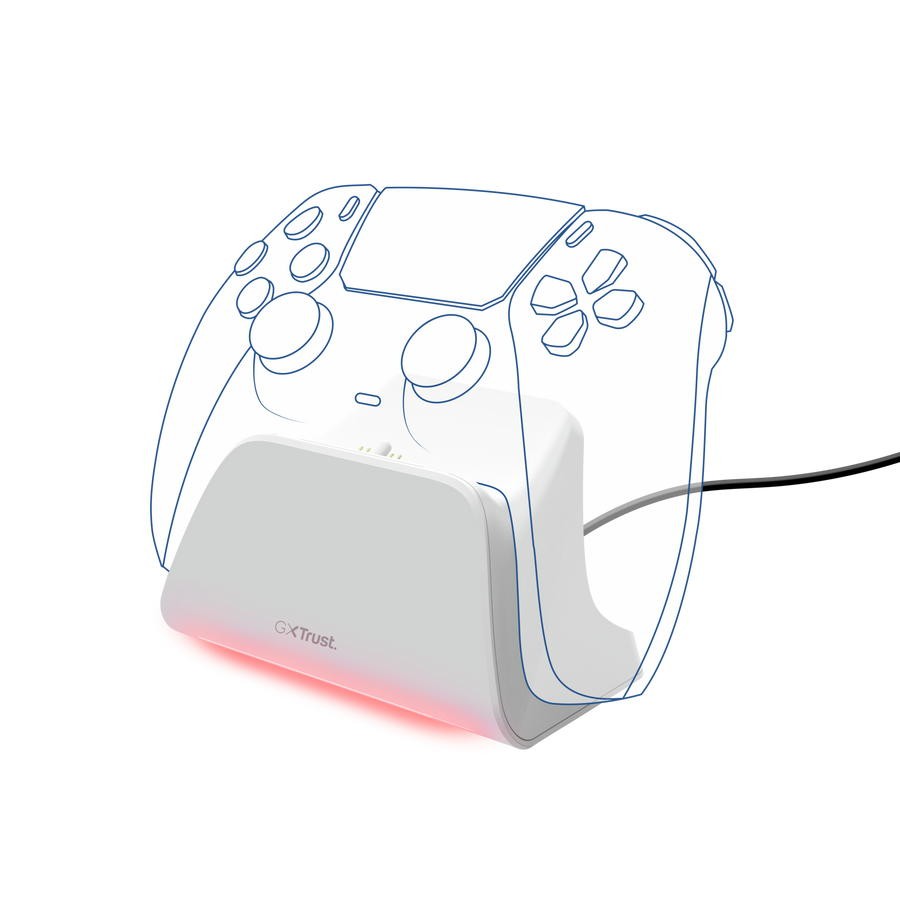 Біла зарядна станція Trust GXT 255W із контуром контролера DualSense над нею.